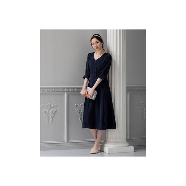 ドレスプラス DRESS+ ワンピース 袖付き 披露宴 結婚式 オフィス パーティードレス （ネイビー）