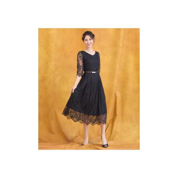ドレスプラス DRESS+ ワンピース ドレス 総レース Aライン ミモレ丈 結婚式 披露宴  パーティードレス （ブラック）