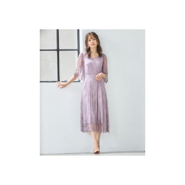 ドレスプラス DRESS+ ワンピース ドレス 総レース Aライン ミモレ丈 結婚式 披露宴  パーティードレス （ラベンダー）
