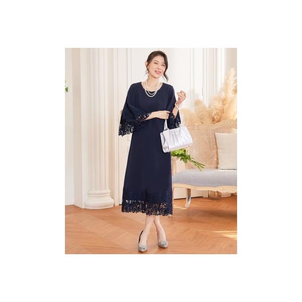ドレスプラス DRESS+ ドレス ワンピース レース袖 ストレート ミモレ丈 （ネイビー）