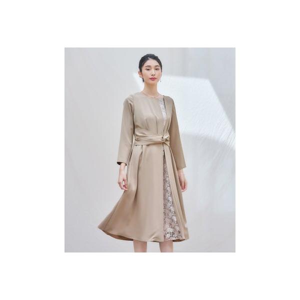 ドレスプラス DRESS+ パーティードレス ワンピース 袖付き 結婚式 フォーマル （ベージュ）