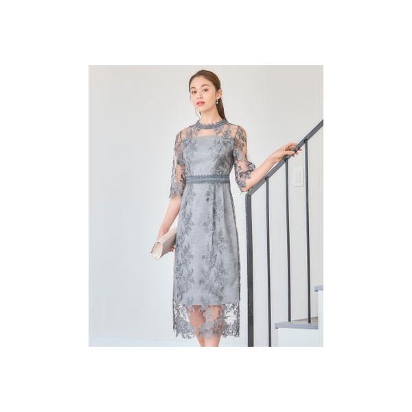 ドレスプラス DRESS+ ワンピース ドレス 総レース ミモレ丈 結婚式 （チャコールグレー）