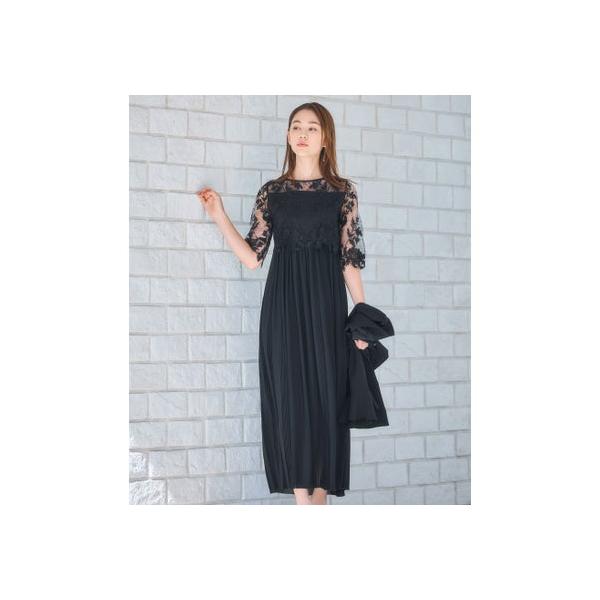 ドレスプラス DRESS+ ワンピース ドレス レース プリーツ 結婚式 レース袖 （ブラック）
