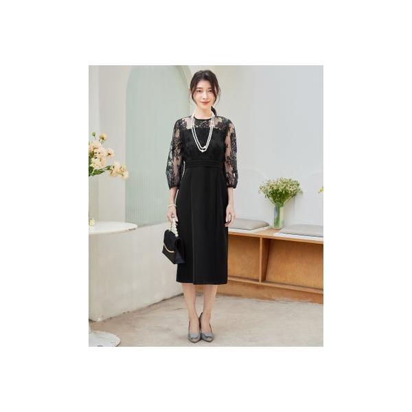 ドレスプラス DRESS+ パーティードレス レディース ドレス ワンピース 結婚式 レース 花柄 七分袖 （ブラック）