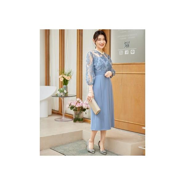 ドレスプラス DRESS+ パーティードレス レディース ドレス ワンピース 結婚式 レース 花柄 七分袖 （ブルーグレー）