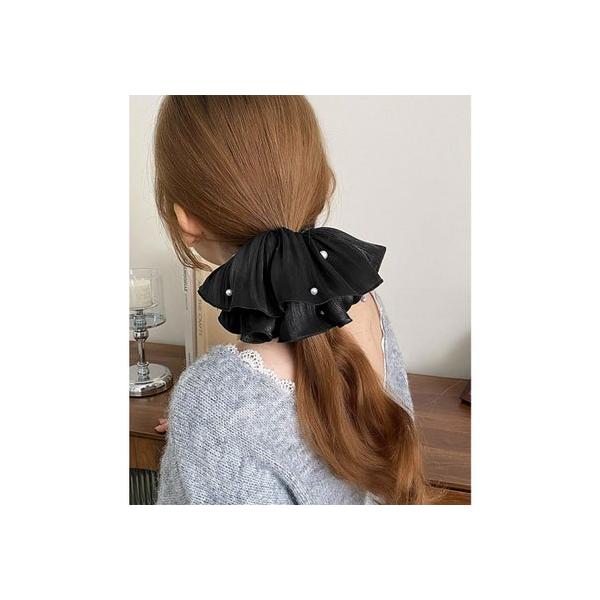 パール付きシュシュ 上品プリーツヘアゴム