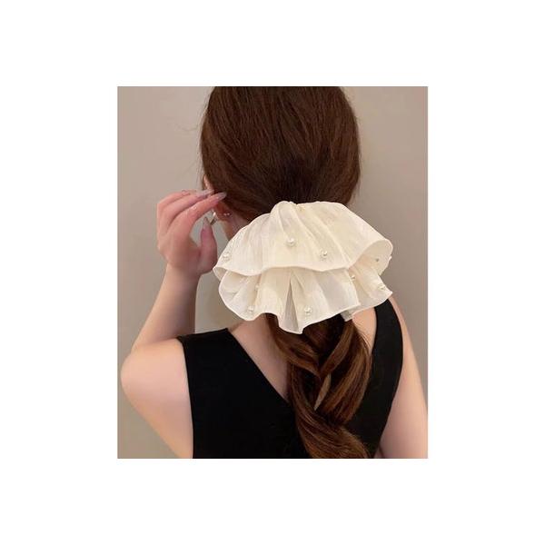 パール付きシュシュ 上品プリーツヘアゴム