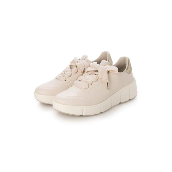 【未使用品】DIANA ベージュ リボン付きフラットシューズ　23 diana（プラスダイアナ） 【軽量】ビジュー付きリボンスニーカー