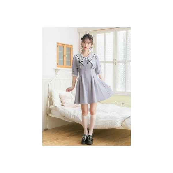 ワンピース ガーリー 清楚系 10代 代 グレー リボン レース Rojita 通販