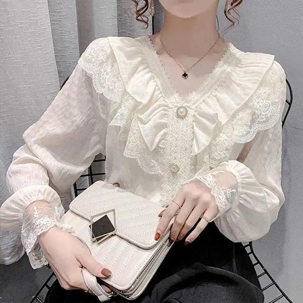 送料無料 フリルブラウス レディース 秋 レースブラウス 白 V 送料無料 フリルブラウス レディース 秋 レースブラウス 白 V