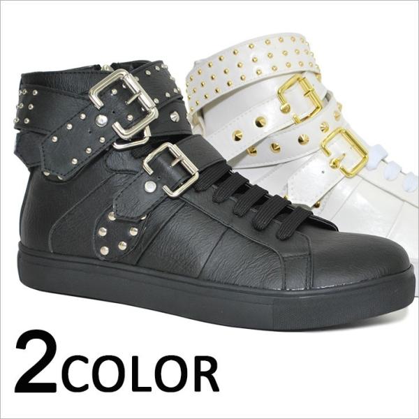 スニーカー 送料無料 スタッズ レザーベルト ハイカット メンズ シューズ スニーカー レースアップ 靴 紳士 黒 白 ブラック ホワイト 金 ゴールド お兄 Buyee Buyee Japanese Proxy Service Buy From Japan Bot Online