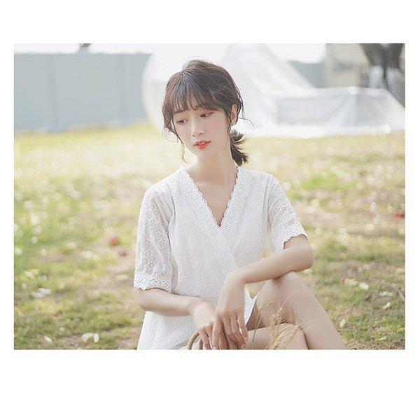 大人可愛い 夏ワンピース ワンピース 白ワンピース Vネック ショート丈 袖あり 半袖 夏ワンピ ひざ上丈 ゴムウエスト 無地 Aライン Sumgirl Lohas2号店 通販 Yahoo ショッピング