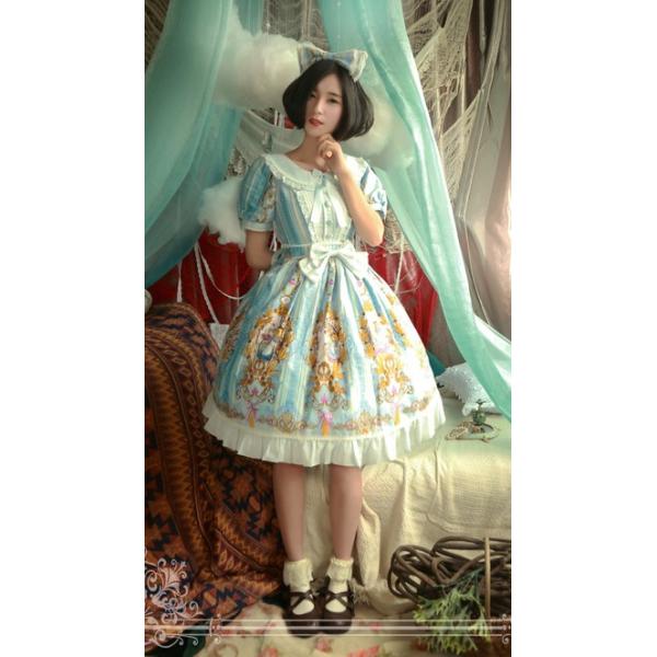 ロリータ 甘ロリ アリス柄ロリータ半袖ドレス ワンピース パフスリーブ 半袖 アリス フリル 半袖 リボン アリス フロントリボン バックリボン 甘ロリ ロリータファッション Cnalb122 Luxury ラグジュアリ