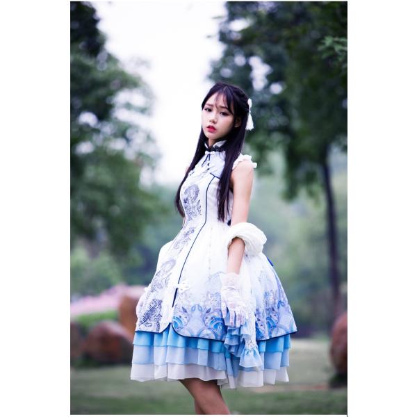 セール新品 チャイナ風ノースリーブワンピース ケープ 髪飾り付き 華ロリ 白ロリ ゴシック ロリータ服 ゴスロリ 春麗 白ロリ コスプレ衣装 ロリータファッション ロリータドレス 甘ロリ 買い特注品
