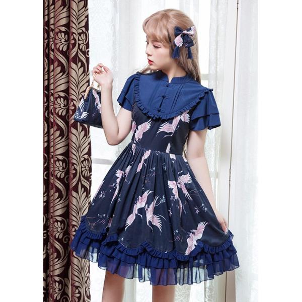 ロリータ アジアンテイストワンピース 鶴 ワンピのみ Jsk風 和風 中華風 Qiloli 中華風 鶴 Qiloli 鳥 Loli0733 Luxury ラグジュアリ