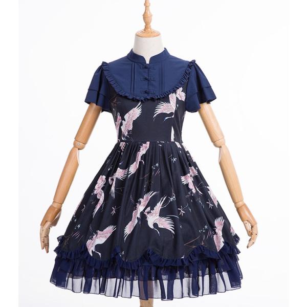 ロリータ アジアンテイストワンピース 鶴 ワンピのみ Jsk風 和風 中華風 Qiloli 中華風 鶴 Qiloli 鳥 Loli0733 Luxury ラグジュアリ
