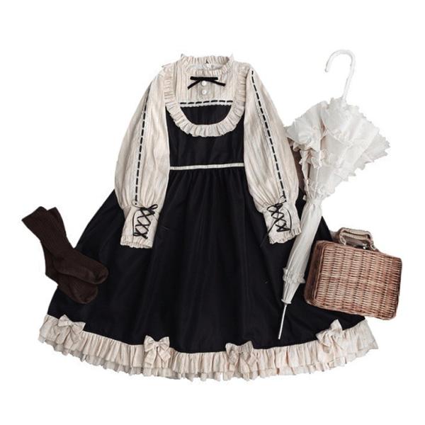 超特価sale開催即納 ロリータ クラシカル 長袖 ワンピース ワンピのみ レースアップ お嬢様 クラロリ 甘ロリ りぼん フリル マトン袖 直送商品