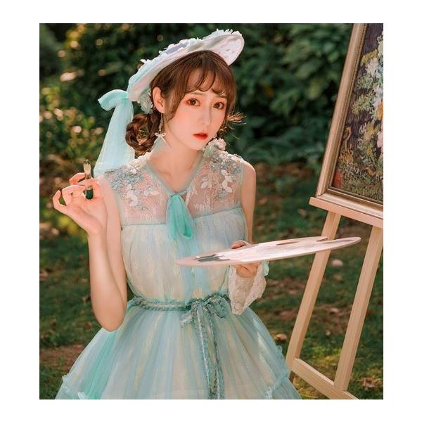 新発一番人気 大割引人気爆発 のロリータ ワンピース ノースリーブ 春夏 姫ロリ グリーン ふんわり ワンピース ミニ丈 甘ロリ ショート丈 ひざ上丈 刺しゅう 花柄 リーフ 甘ロリ 姫ロリ 妖精 かわいい フェミニン 透け感