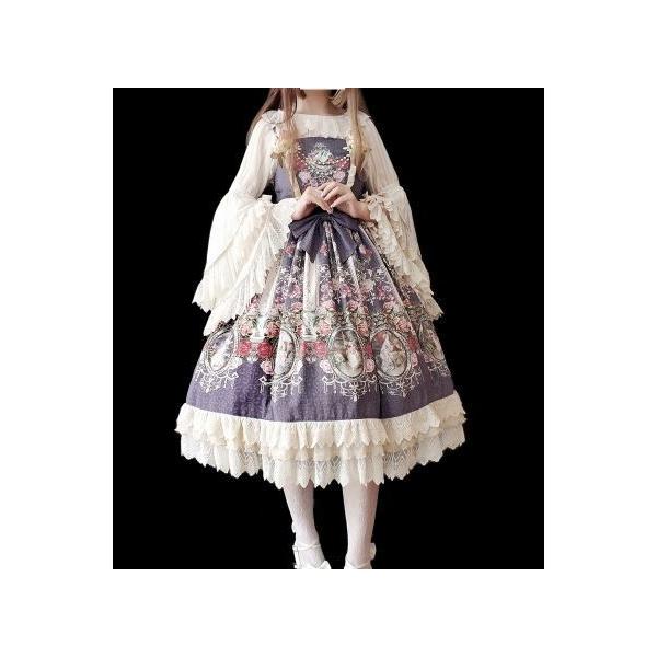 ロリータ フラワー プリンセス ジャンスカ2色 パープル アイボリー プリント 花柄 コスプレ衣装 フラワー 花柄 プリンセス ドレス ミディアム ひざ下丈 春夏 おしゃれ かわいい おでか Loli2419 Luxury ラグジュアリ