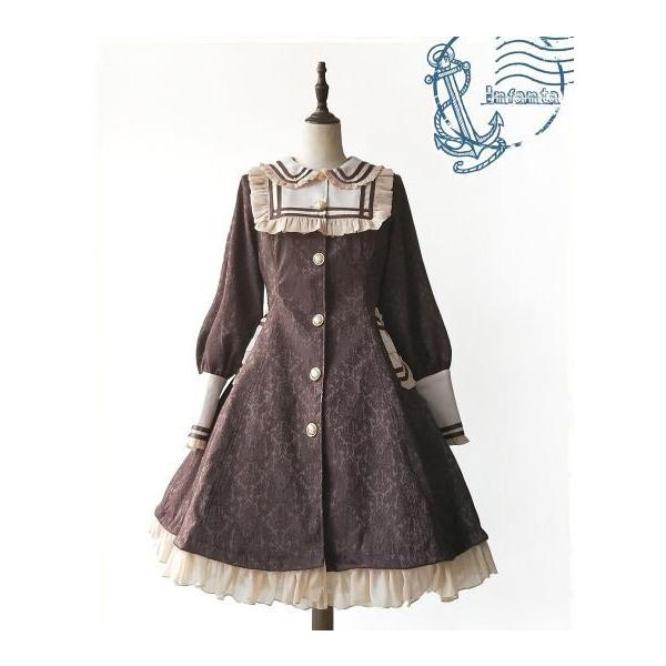 品揃え豊富 品質保証のロリータ セーラー服 かわいい ワンピース2色 ブラウン フリル ベージュ カジュアル レトロ かわいい ガーリー ショート丈 ライン ひざ上丈 ミニ ショート丈 フリル Aライン パフスリーブ