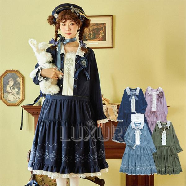 ワンピース 4色 GOTHIC LOLITA 春秋 長袖 リボン ひざ丈 ミディアム丈