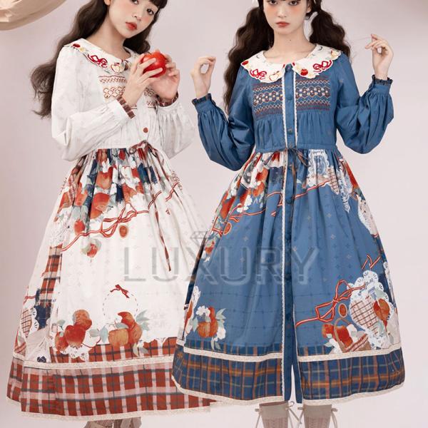 りんごワンピース 2色 Lo−cyan lolita JSK プリント ホワイト