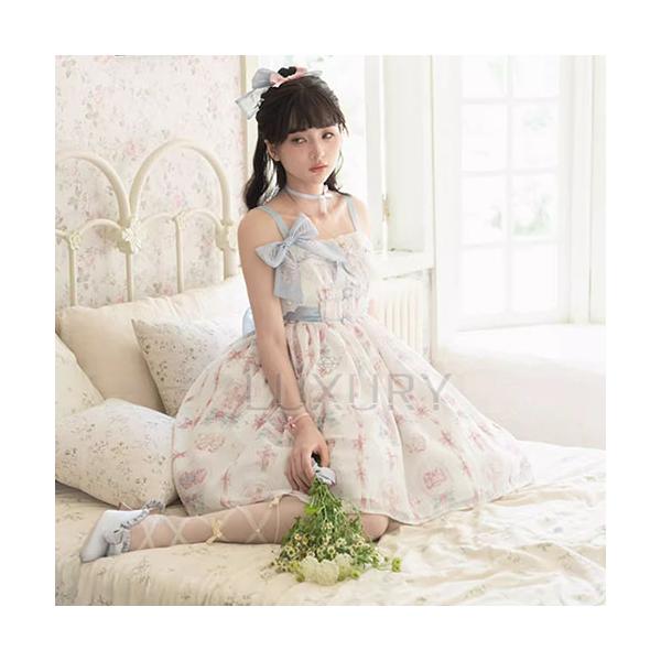 甘ロリ ジャンパースカート のみ プリント りぼん フリル レース ミニ