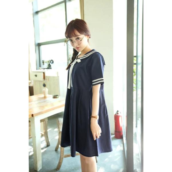ワンピース チュニック ひざ丈 半袖 レトロ レトロ感 セーラー服風 森ガール セーラー服 女子高生 制服 セーラー襟付ワンピース 春 秋 マリン風 ひざ上丈 清楚 Buyee 日本代购平台 产品购物网站大全 Buyee一站式代购 Bot Online