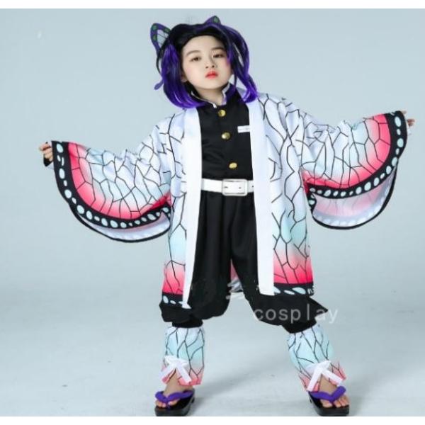コスプレにおすすめのアイテム★胡蝶しのぶ風の衣装です。イベントや撮影、プレゼントにいかがでしょうか♪キッズ用のサイズです　100 110 120 130 140 150羽織、黒上着、黒ズボン、足巻き、髪飾り、ベルトがセットになっております☆...