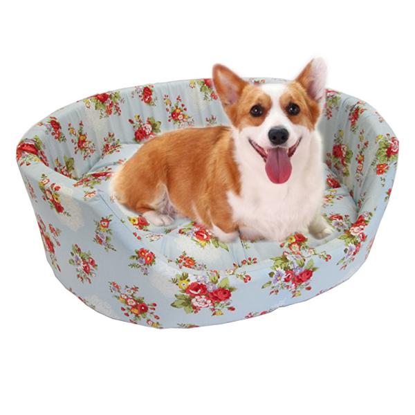 ペットベッド　Ｌサイズ　中型犬用　日本製　花柄　ブルー 国産 ネコ用ベッド 綿100％ 丸洗いＯＫ クッション取り外せる ペットソファー