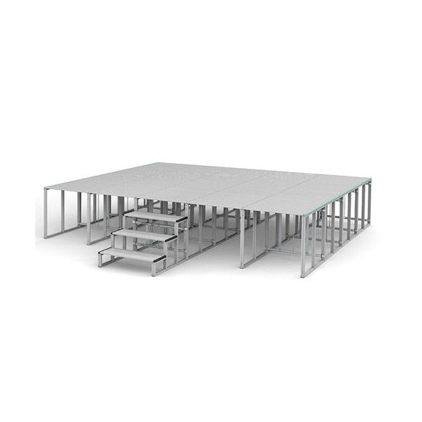 設営・撤去が簡単な折りたたみ式アルミステージセット！工具がいらず、装着の蝶ネジを絞め、天板をのせるだけの簡単組立！大人2人で設営が約20分、撤去が約10分で完了できます。錆に強く、床を傷つけないので屋内でも屋外でも安心してご使用いただけます...