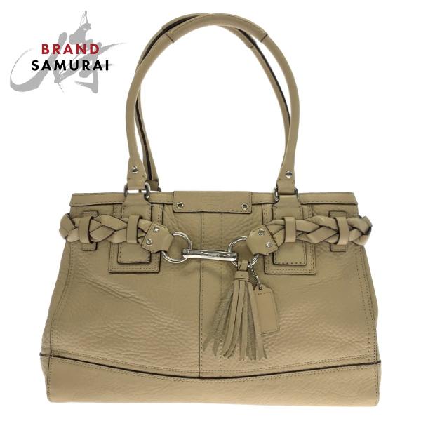 美品 コーチ ハンプトンズ キャリーオール タッセル チャーム 編み込み COACH（コーチ） ハンプトンズ ペブルド タッセル ベージュ レザー