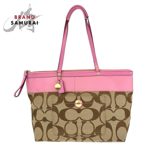COACH ロゴ入り ハンドバッグ ブラウン/ピンク COACH ロゴパターン ハンドバッグ ブラウン/ピンク本物