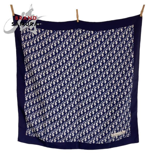 美品　ディオール☆大判スカーフ　ロゴ　ベロア　ストール　ショール　トロッター Dior ディオール トロッター オブリーク ブルー 青 ホワイト 白 シルク