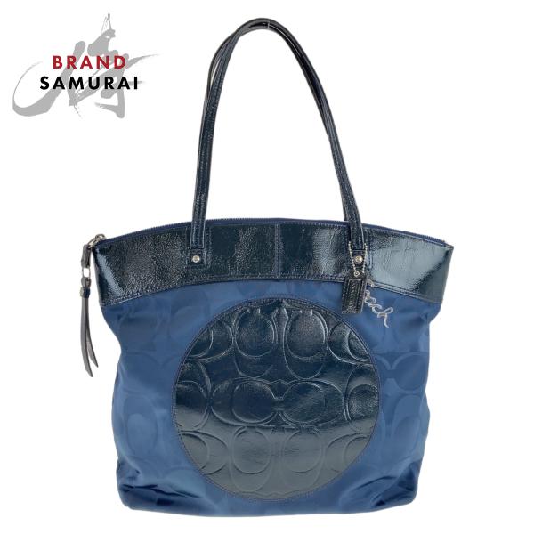 コーチ ネイビー ロゴトートバッグ COACH 美品 コーチ シグネチャー ラウラ ネイビー ブルー キャンバス