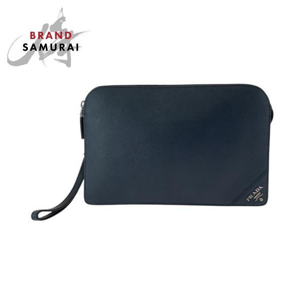 PRADA 美品 プラダ サフィアーノ ロゴ ネイビー シルバー金具