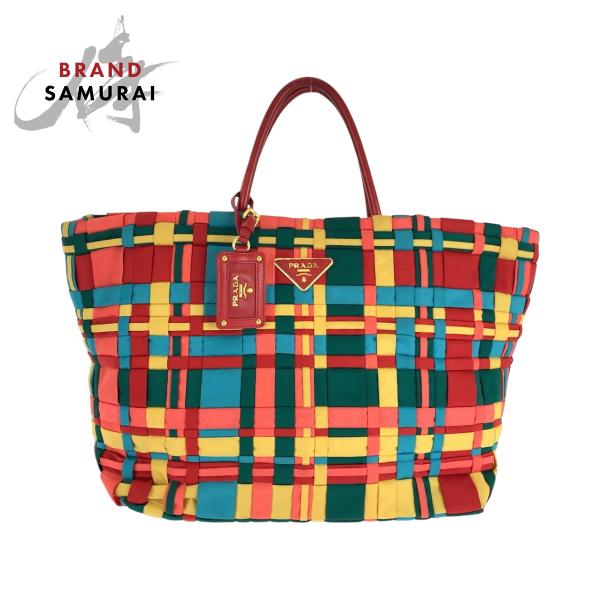 PRADA 美品 プラダ テスート 三角ロゴプレート 編み込み マルチ