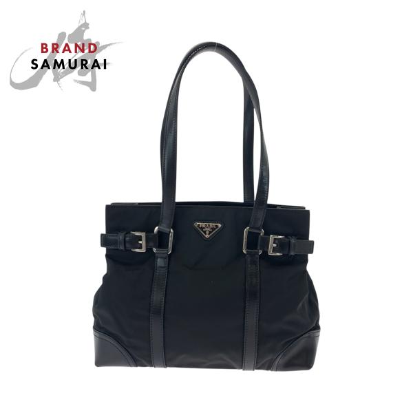 PRADA 美品 プラダ テスート 三角ロゴプレート ブラック 黒 シルバー  