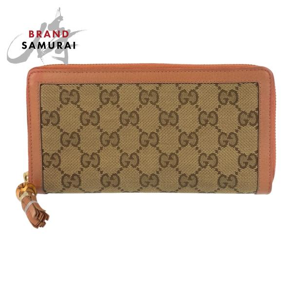 美品 GUCCI グッチ GGキャンバス バンブー 財布 ベージュ 茶 レザー GUCCI 美品 グッチ バンブー ベージュ ピンク ゴールド金具 GG