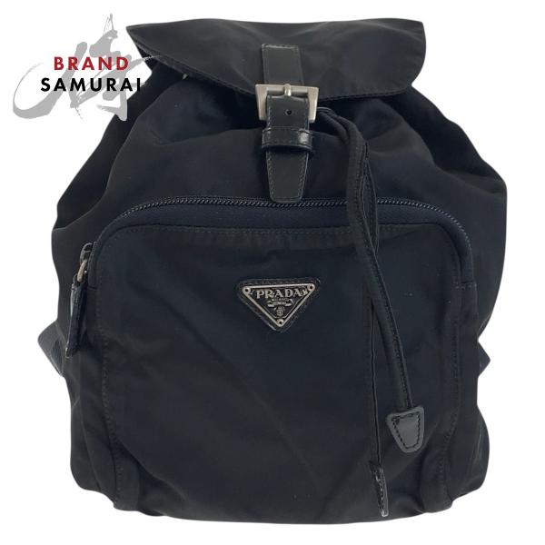 美品 プラダ リュックサック 三角ロゴ 巾着 ブラック ナイロン レディース PRADA プラダ テスート 三角ロゴマーク ブラック 黒 シルバー