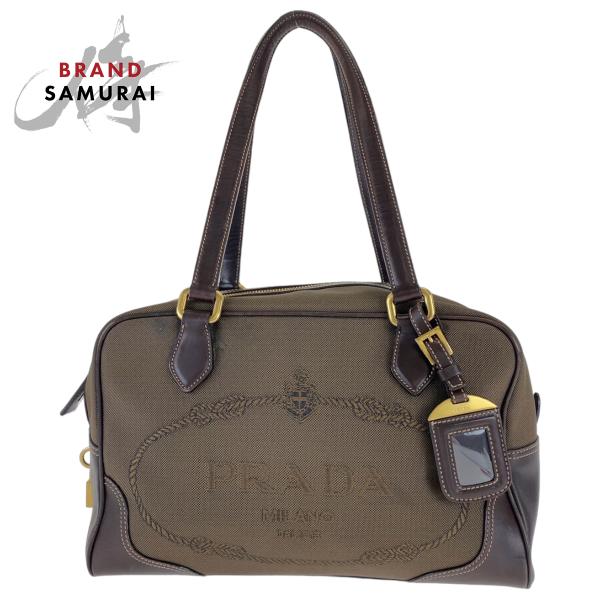 PRADA（プラダ） 美品 ロゴジャガード ブラウン キャンバス/レザー