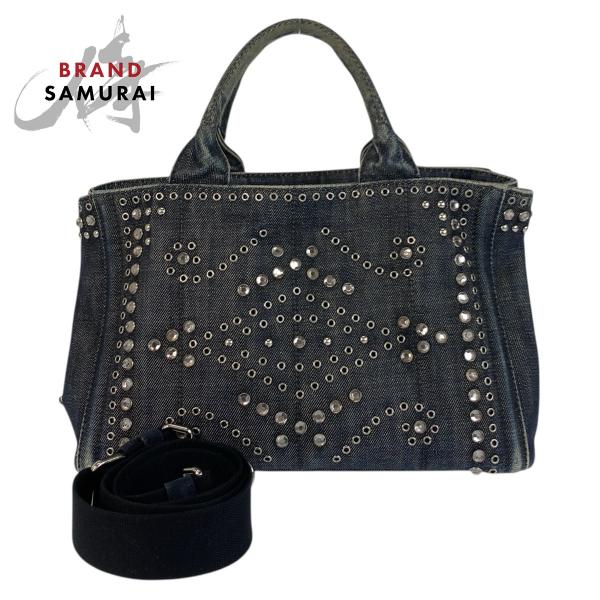 PRADA デニム ビジュースタッズ クラッチバッグ 三角プレート BP788H PRADA（プラダ） ビジュー カナパ 三角ロゴプレート ネイビー ブルー