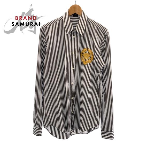 美品 VERSACE ヴェルサーチ メデューサ サイズ39 グレー ホワイト コットン A87413 長袖シャツ ストライプシャツ メンズ 506461 【中古】 美品 VERSACE ヴェルサーチ メデューサ サイズ39 グレー ホワイト