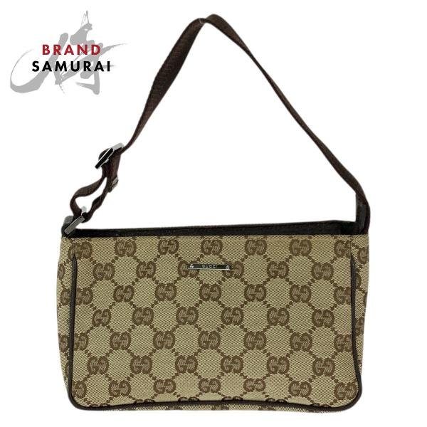 グッチアクセサリーポーチGG柄ハンドバッグ　ブラウン シルバー金具 レアカラー GUCCI（グッチ） 美品 ベージュ ブラウン シルバー金具 GGキャンバス