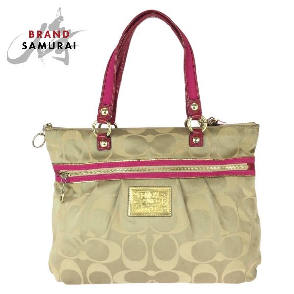 COACH（コーチ） ポピー シグネチャー ベージュ ピンク ゴールド金具