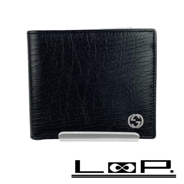 □新同□ グッチ 二つ折り 財布 型押し レザー ブラック 115219  