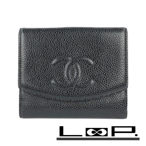 CHANEL シャネル　キャビアスキン　ココ　二つ折り財布　ホック　付属品　黒 □美品□ シャネル Wホック 二つ折り 財布 キャビアスキン
