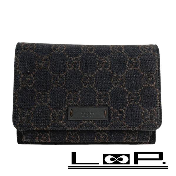 Gucci ブラック GGパターン 二つ折り財布 箱付き ◇SALE◇ □新同□ グッチ 2つ折り 財布 コンパクト GG