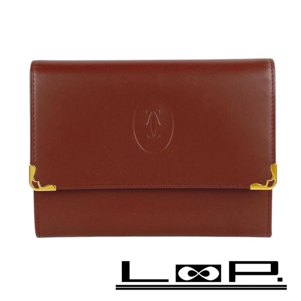 美品 カルティエ マストライン 三つ折り がま口 財布 ボルドー 箱付 823 □未使用□ カルティエ マストライン 三つ折り 財布 カーフ ボルドー