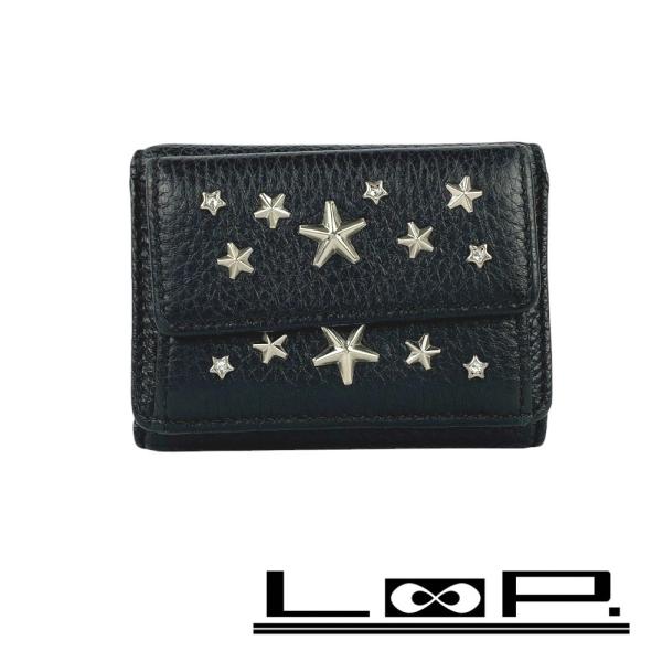 ■美品■　ジミーチュウ ナンシー 3つ折り 財布 コンパクト レザー スタッズ ブラック 箱 【322815】3